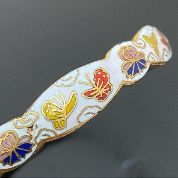 Vintage Chinese Cloisonné White Blue Enamel Butterfly Bangle Bracelet 33g. - Picture 8 of 11